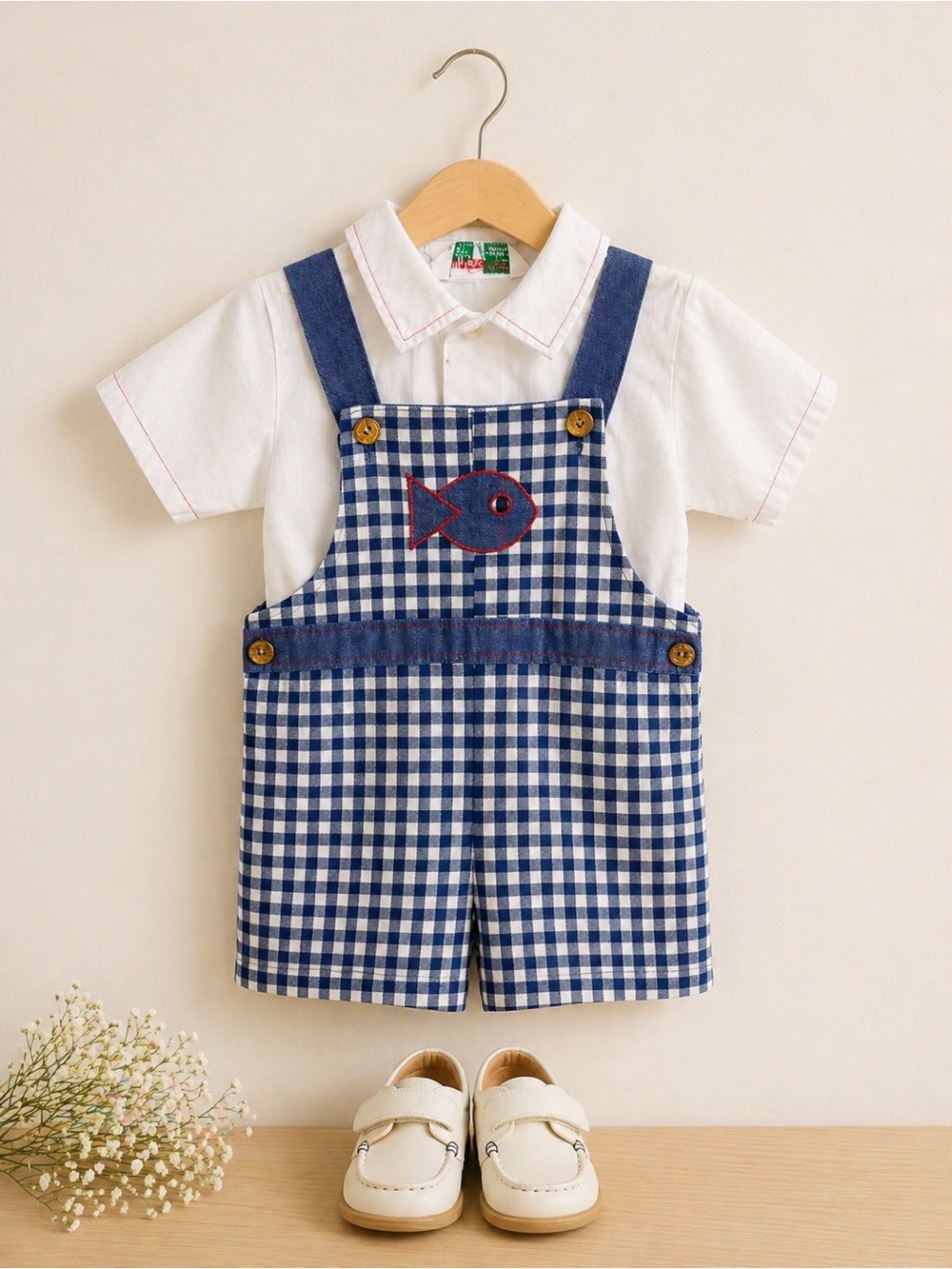 Vintage Health Tex Blue Gingham Short Overalls with Fish embroidery